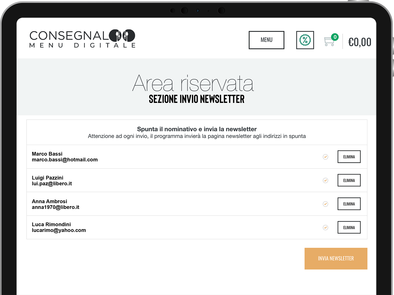 Menù digitale per acquisti online schermata newsletter